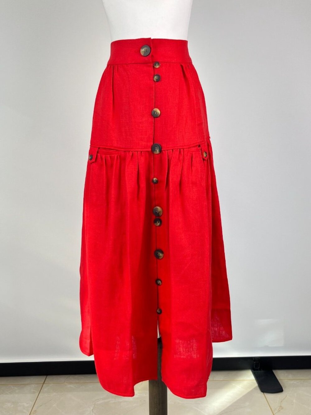 NWOT Farm Rio Red Mixed Buttons Linen Midi Skirt Elastic Waist Size S - Picture 7 of 13